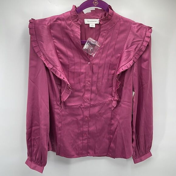 Calligraphie high collar satin Victorian blush pink pleated yoke puff sleeve NEW - Picture 3 of 14